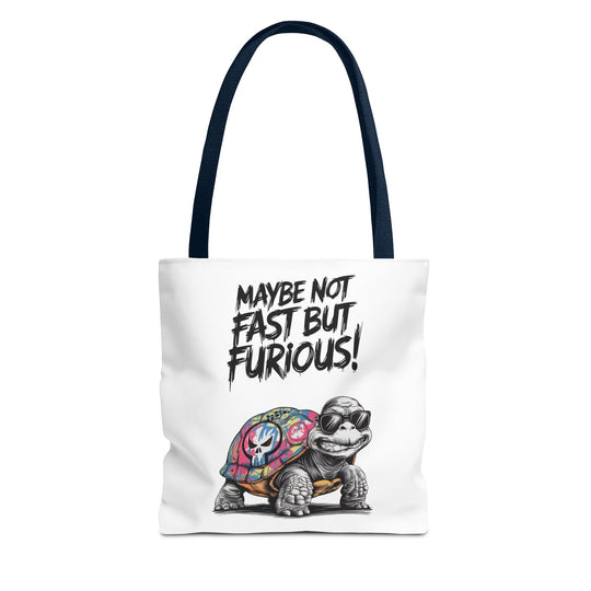 Funny Turtle Tote Bag - Maybe Not Fast But Furious Bags Printify 13" × 13'' Navy