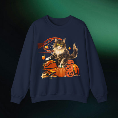 Halloween Cat Basketball Sweatshirt | Playful Feline and Pumpkins - Spooky Sports | Halloween Fun Sweatshirt Sweatshirt M Navy 