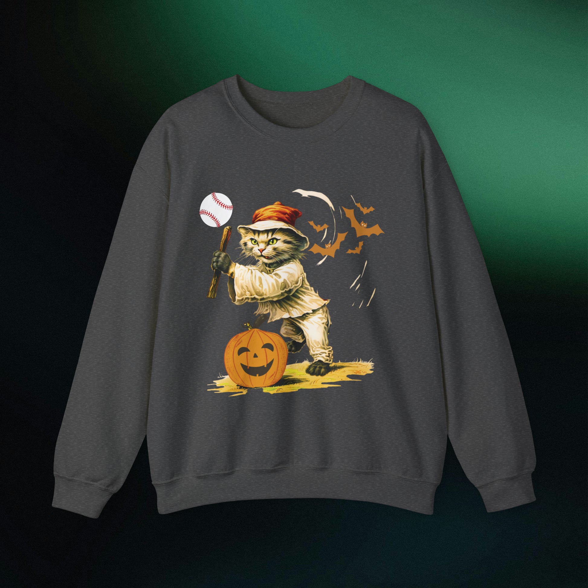 Halloween Cat Baseball Sweatshirt | Playful Feline and Pumpkins - Spooky Sports | Halloween Fun Sweatshirt Sweatshirt S Dark Heather 