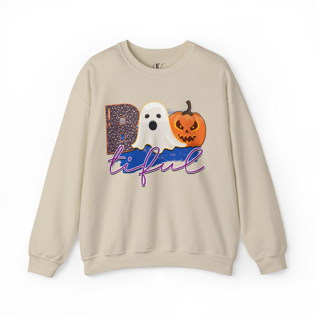 Bootiful Halloween Sweatshirt: Ghost and Pumpkin Design Sweatshirt Printify S Sand