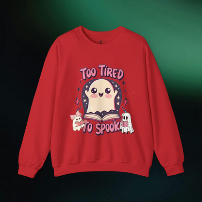 Ghost Reading Books Sweater | Bookish Halloween Sweatshirt - Halloween Teacher Gift, Librarian Halloween Hoodie, Ghost Crewneck - 'Too Tired to Spook' Sweatshirt S Red 