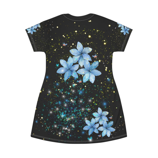 Starry Night T-Shirt Dress with Blue Flowers