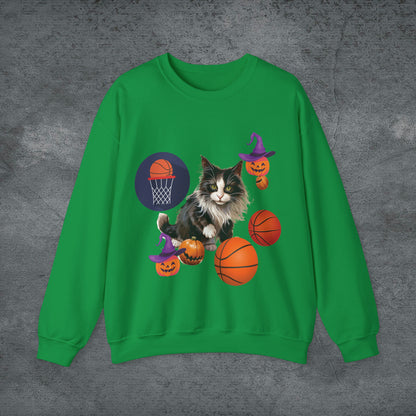 Halloween Cat Basketball Sweatshirt | Playful Feline and Pumpkins - Spooky Sports | Halloween Fun Sweatshirt Sweatshirt S Irish Green 