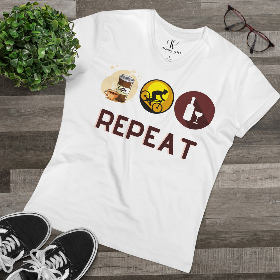 V-neck T-Shirt - Coffee, Ride, Wine, Repeat - Minimalist V-neck Printify White XL