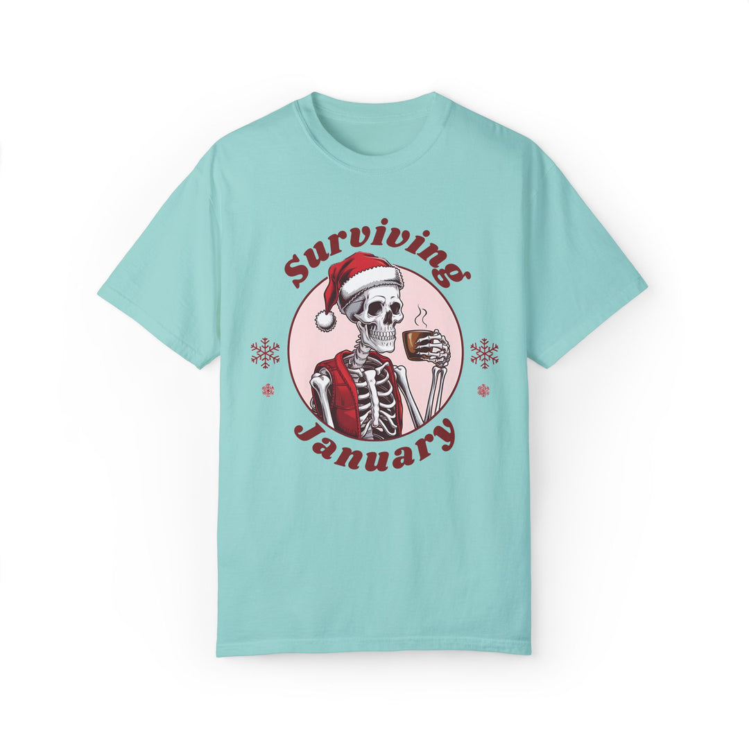 Skeleton Santa Hat Coffee Unisex T-shirt - Surviving January T-Shirt Printify Chalky Mint S