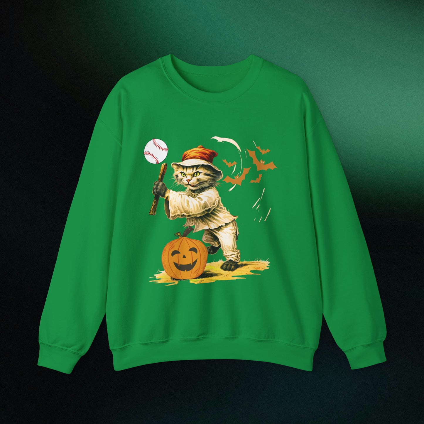 Halloween Cat Baseball Sweatshirt | Playful Feline and Pumpkins - Spooky Sports | Halloween Fun Sweatshirt Sweatshirt S Irish Green 