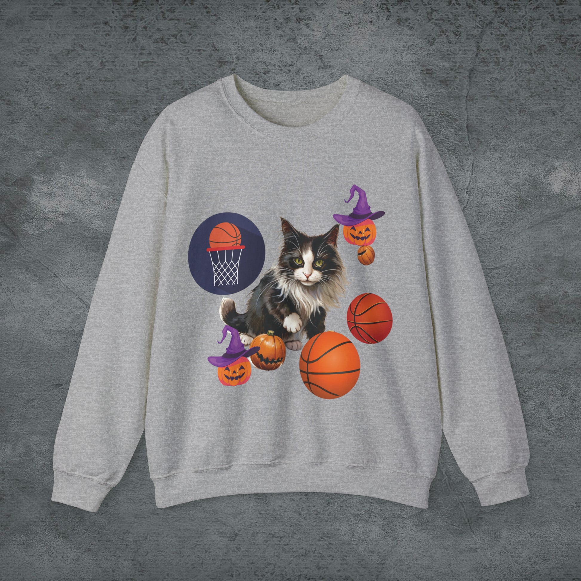 Halloween Cat Basketball Sweatshirt | Playful Feline and Pumpkins - Spooky Sports | Halloween Fun Sweatshirt Sweatshirt S Sport Grey 