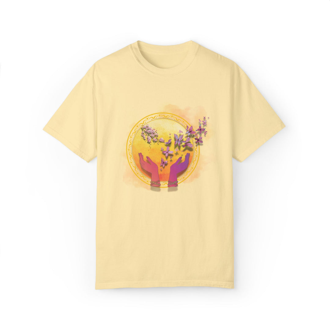 Spiritual Symbol Hands Garment-Dyed T-shirt with Flowers and Butterflies T-Shirt Printify Banana S