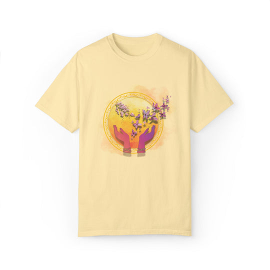 Spiritual Symbol Hands Garment-Dyed T-shirt with Flowers and Butterflies T-Shirt Printify Banana S