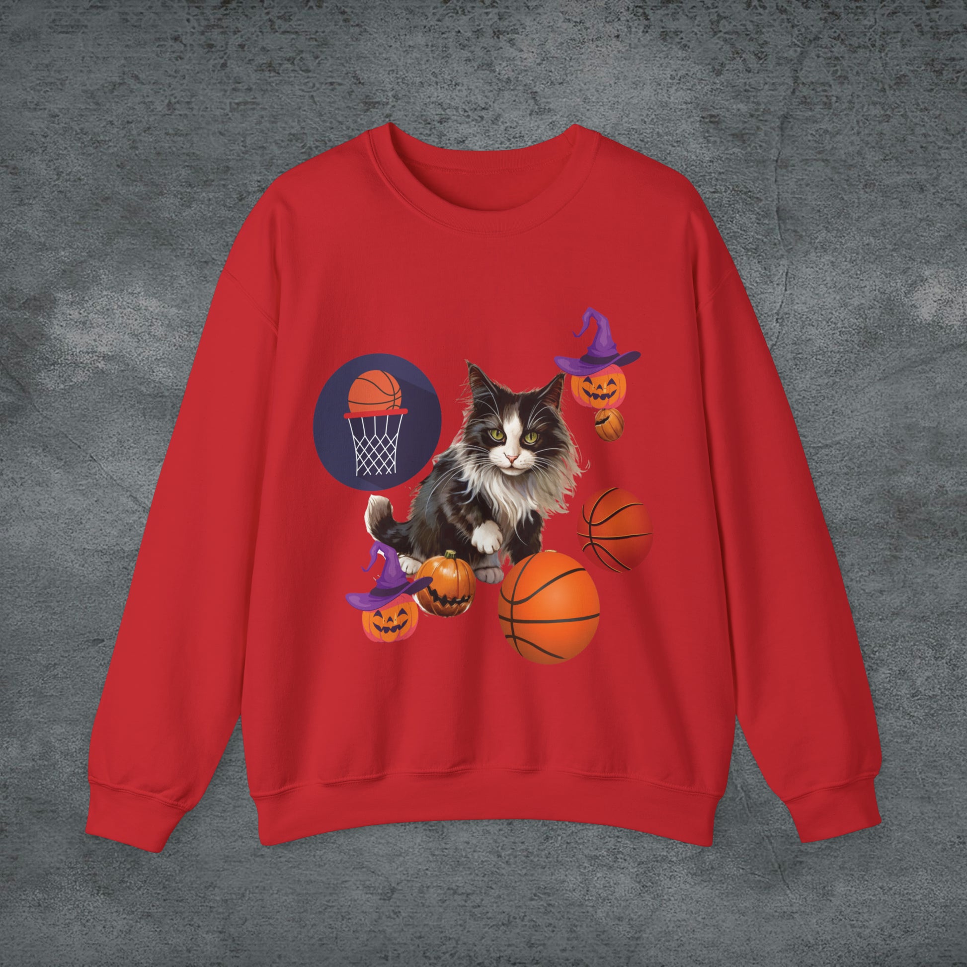 Halloween Cat Basketball Sweatshirt | Playful Feline and Pumpkins - Spooky Sports | Halloween Fun Sweatshirt Sweatshirt S Red 