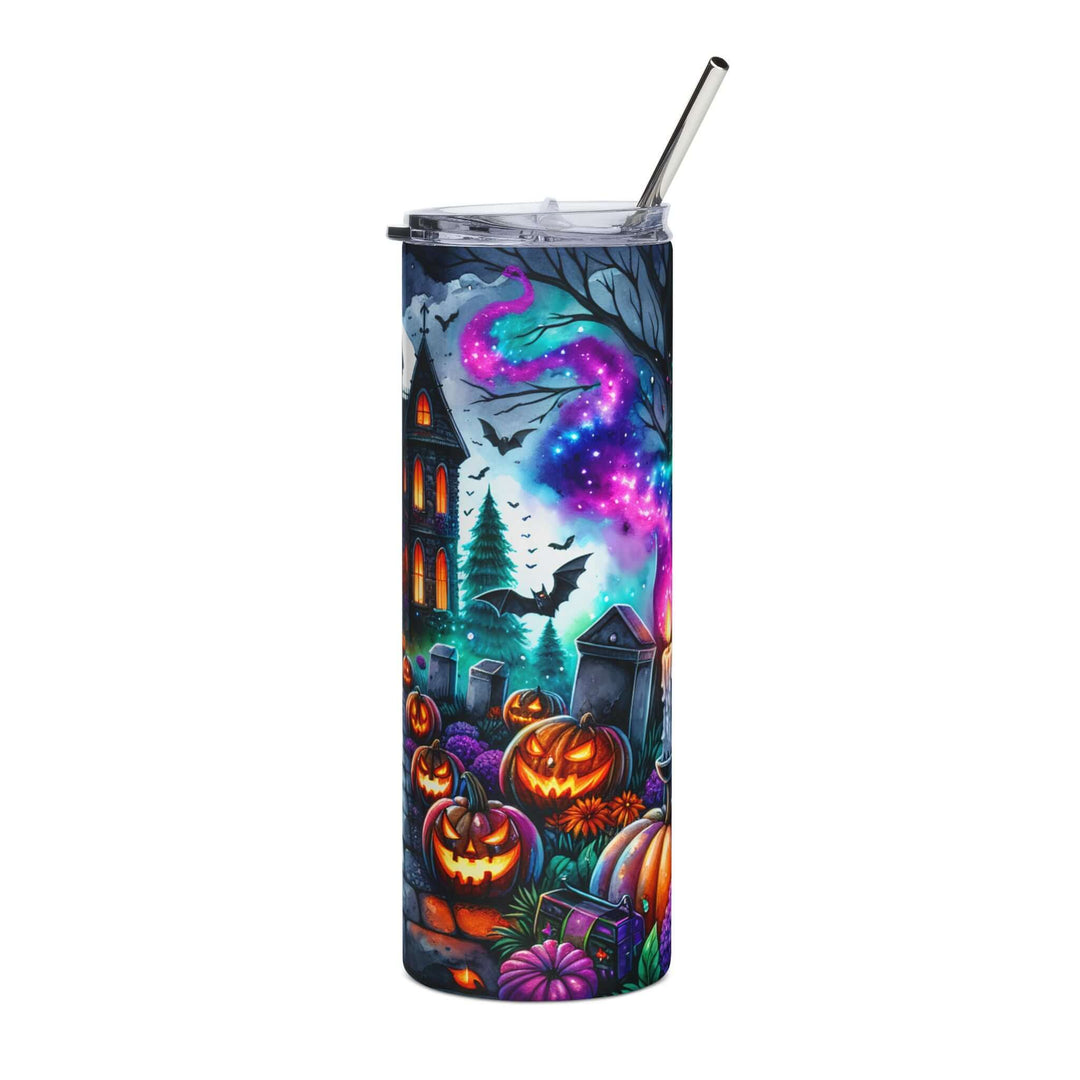 20oz Stainless Steel Tumbler — Haunted House Halloween (bats, tombstones, Jack-o'-lanterns) Mug Printify