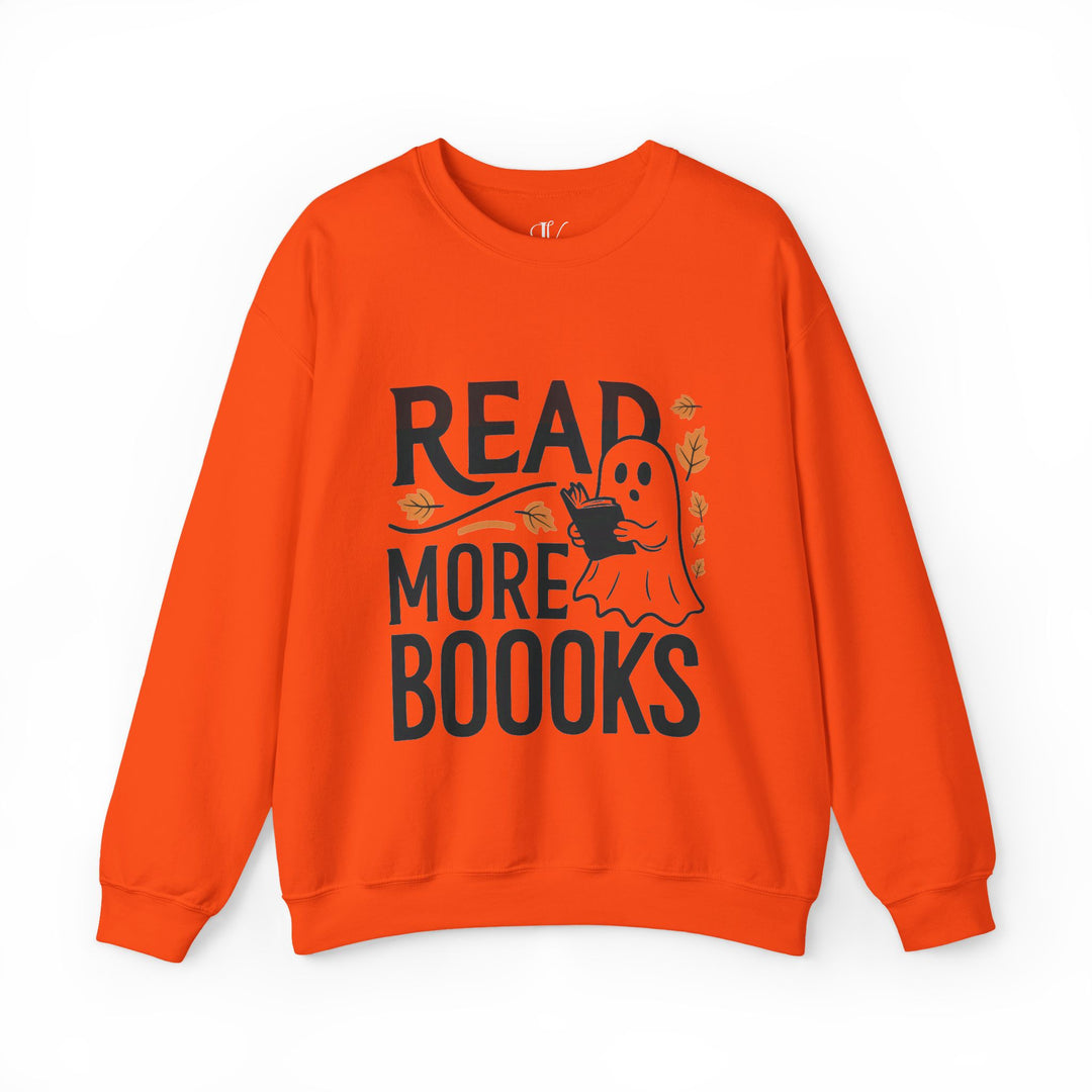 Bookworm Ghost: Spooky Halloween Sweatshirt Sweatshirt Printify S Orange