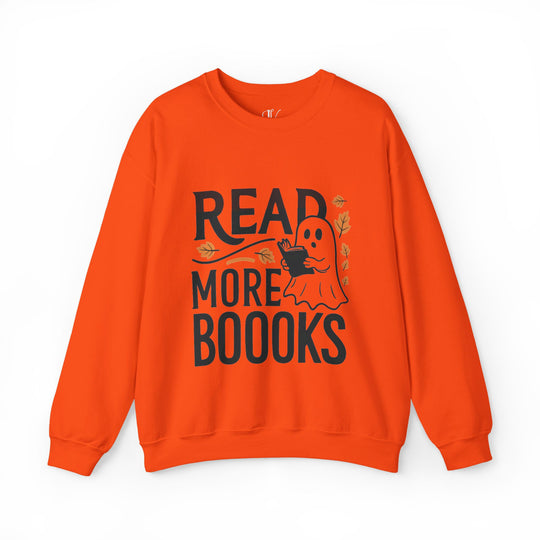 Bookworm Ghost: Spooky Halloween Sweatshirt Sweatshirt Printify S Orange