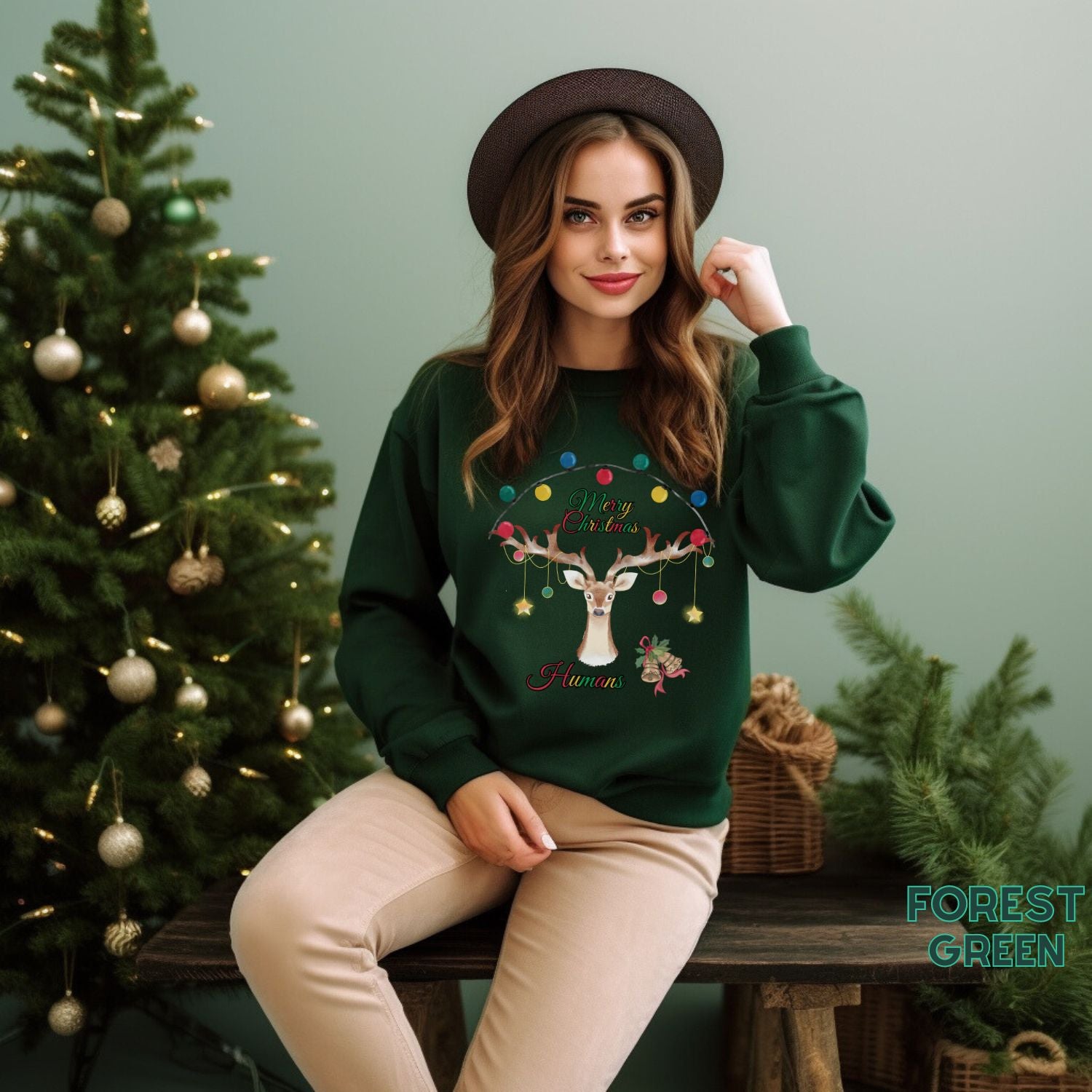 Merry Christmas Reindeer Sweatshirt - Christmas Crewneck for Festive Holiday Cheer | 'Merry Christmas Humans' Sweatshirt   