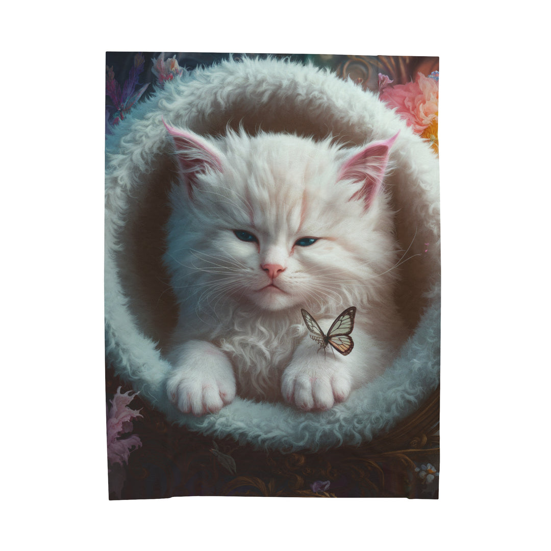 Plush Blanket - White Fluffy Cat and Butterflies All Over Prints Printify 60" × 80"