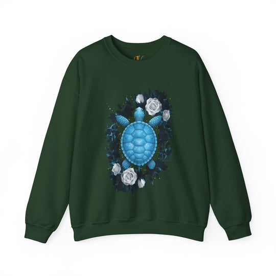 Blue Turtle and White Roses Sweatshirt Sweatshirt Printify S Forest Green