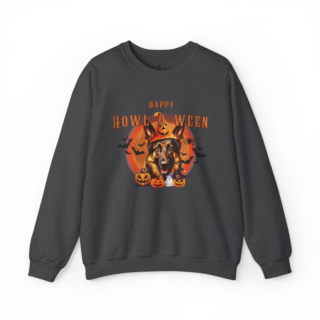 Howl-oween German Shepherd Sweatshirt: Spooky Dog Shirt for Dog Lovers Sweatshirt Printify S Dark Heather