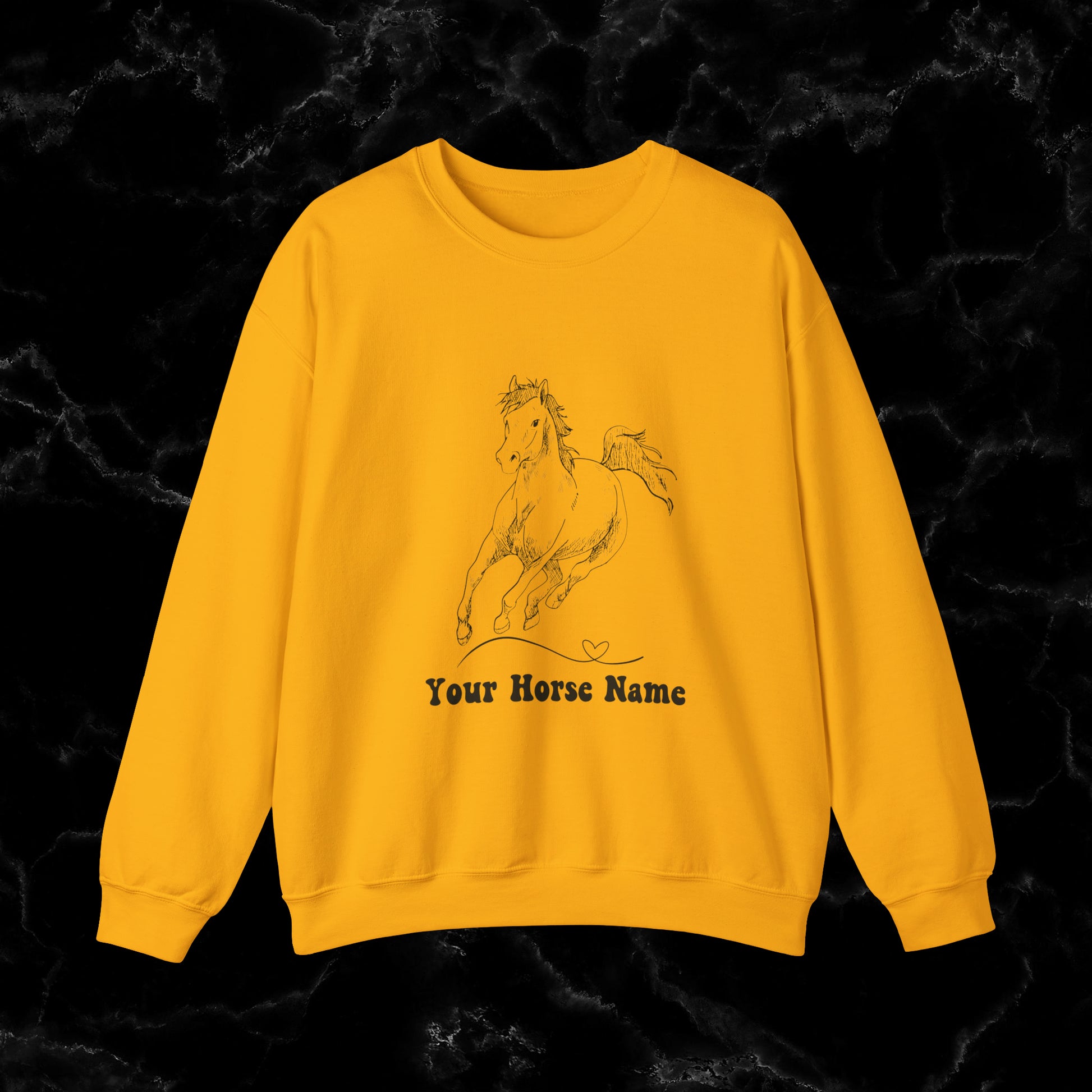 Personalized Horse Sweatshirt - Gift for Horse Owner, Perfect for Christmas, Birthdays, and Equestrian Enthusiasts - Wrap Up Warmth and Personal Connection with this Thoughtful Horse Lover's Gift Sweatshirt S Gold 