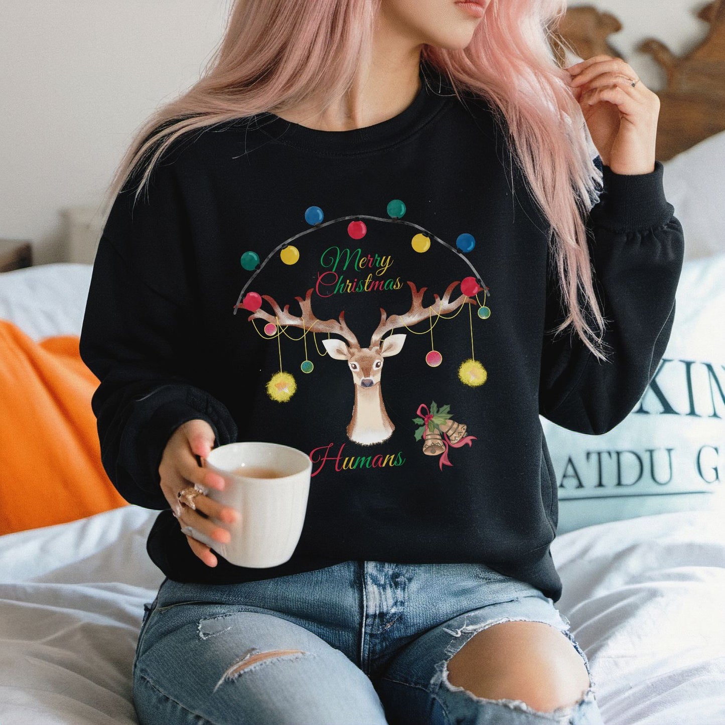 Merry Christmas Reindeer Sweatshirt - Christmas Crewneck for Festive Holiday Cheer | 'Merry Christmas Humans' Sweatshirt   