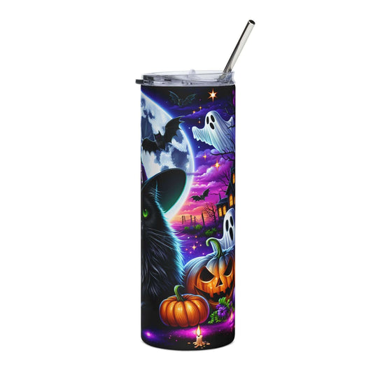 Halloween Tumbler — 20oz Stainless Steel with Black Cats, Ghosts & Haunted House Mug Printify