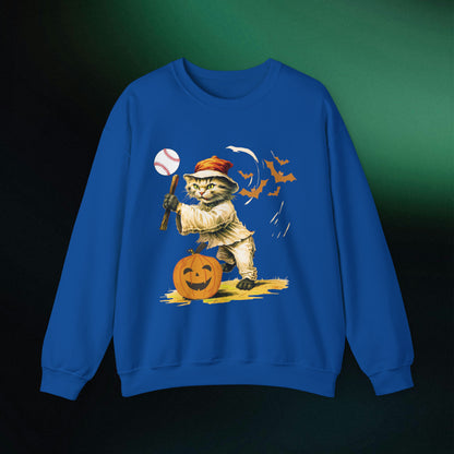 Halloween Cat Baseball Sweatshirt | Playful Feline and Pumpkins - Spooky Sports | Halloween Fun Sweatshirt Sweatshirt S Royal 