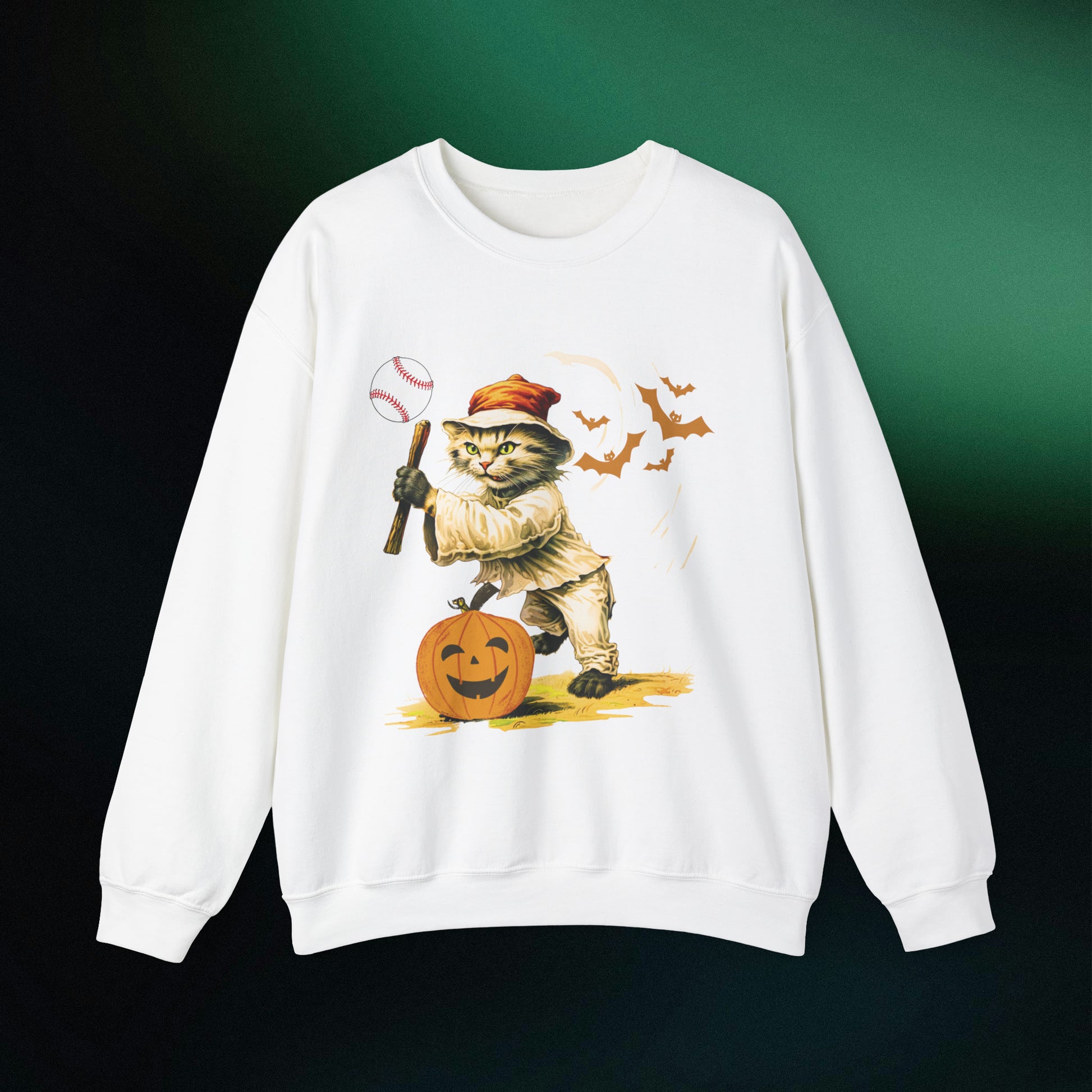 Halloween Cat Baseball Sweatshirt | Playful Feline and Pumpkins - Spooky Sports | Halloween Fun Sweatshirt Sweatshirt S White 
