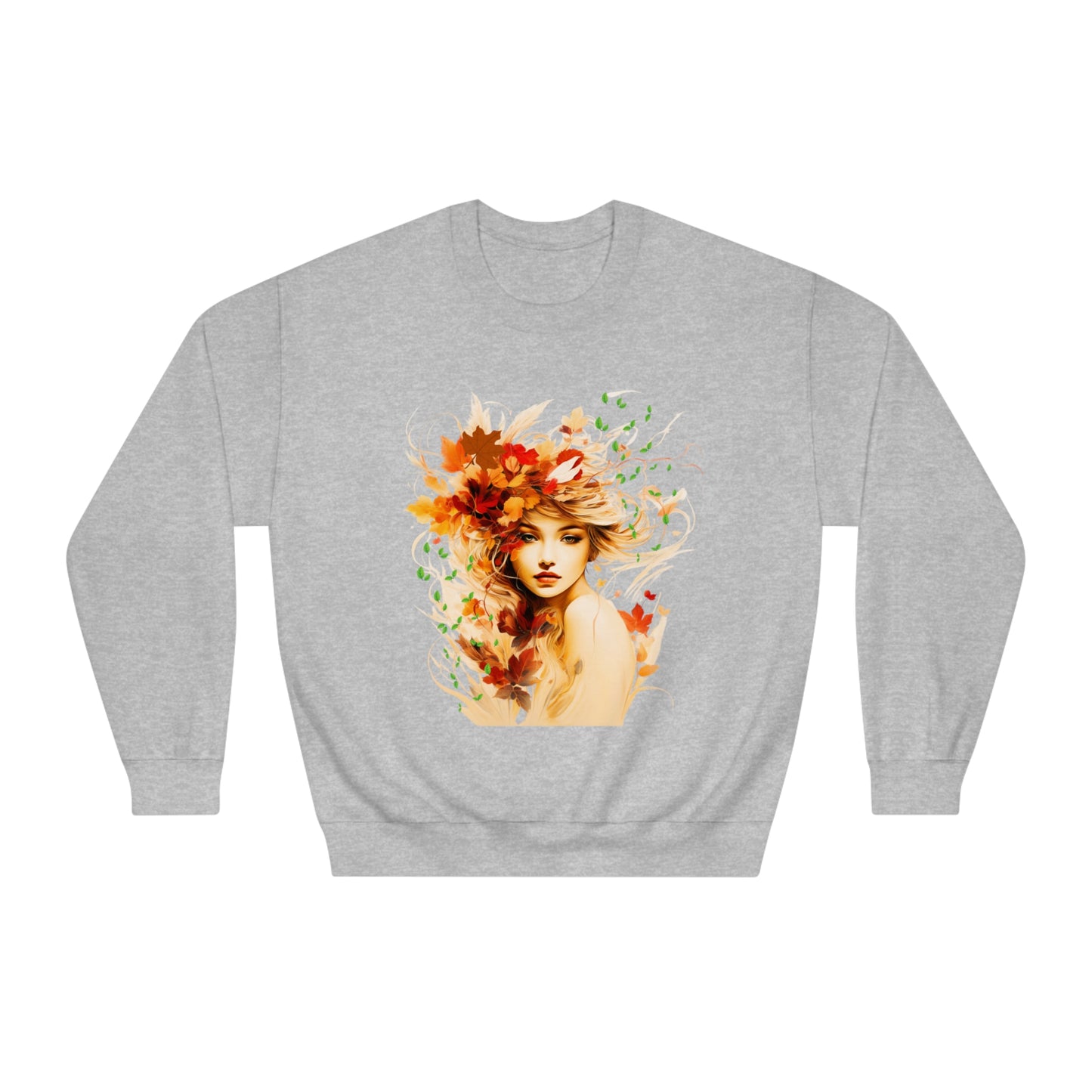 Whimsical Dreams in Autumn Hues: Romantic Dreamy Female Surrounded by Autumn Leaves Sweatshirt - Fairycore, Forestcore, Cottagecore-inspired Fashion Sweatshirt Sport Grey S 