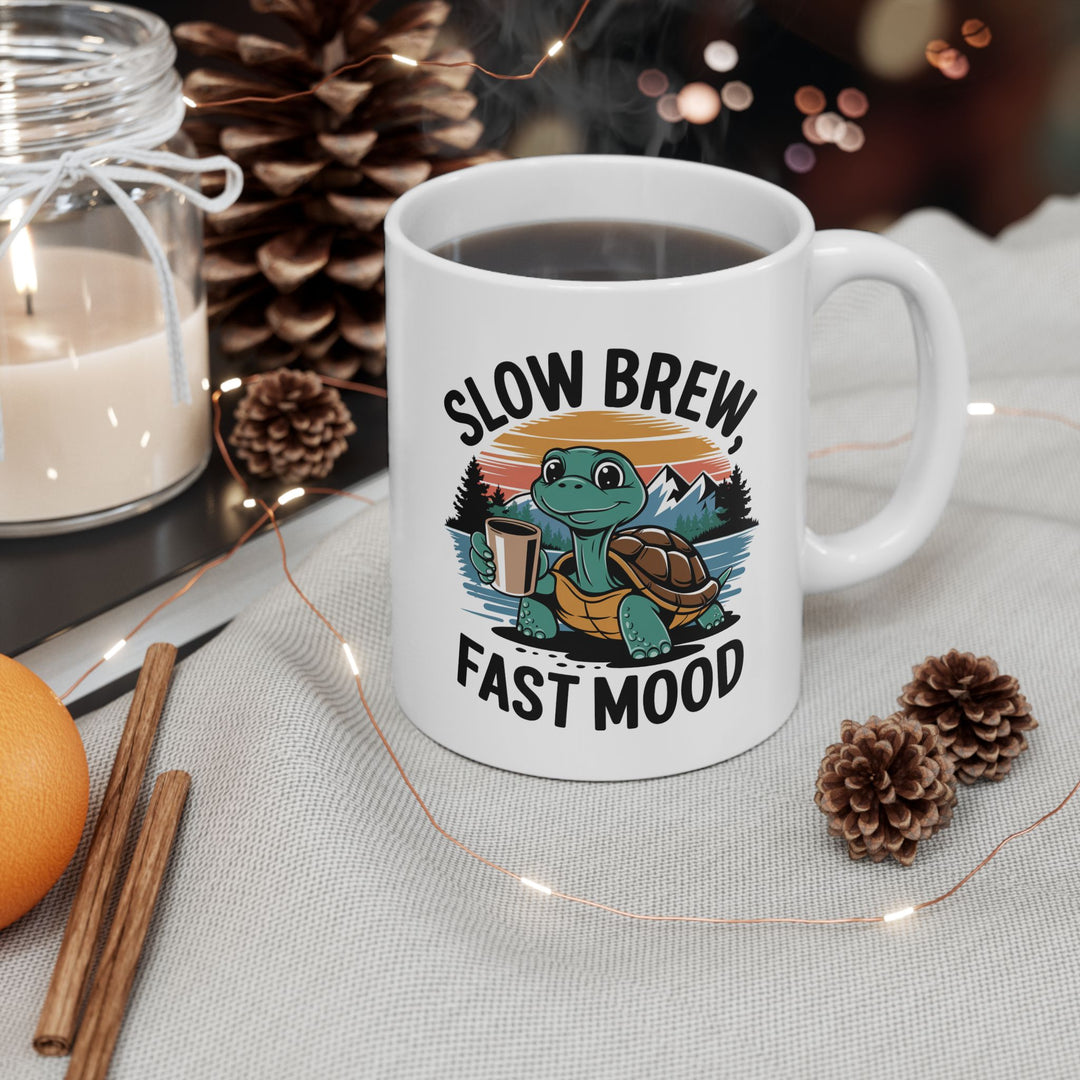 Ceramic Mug - Slow Brew, Fast Mood Retro Turtle Coffee Cup Mug Printify