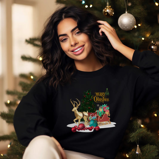 Merry Christmas Sweatshirt - Christmas Shirt with Stylish Reindeer Design Sweatshirt   
