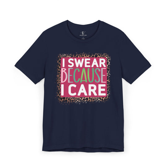 Graphic Tee - 'I SWEAR BECAUSE I CARE' Leopard Print T-Shirt Printify Navy XS