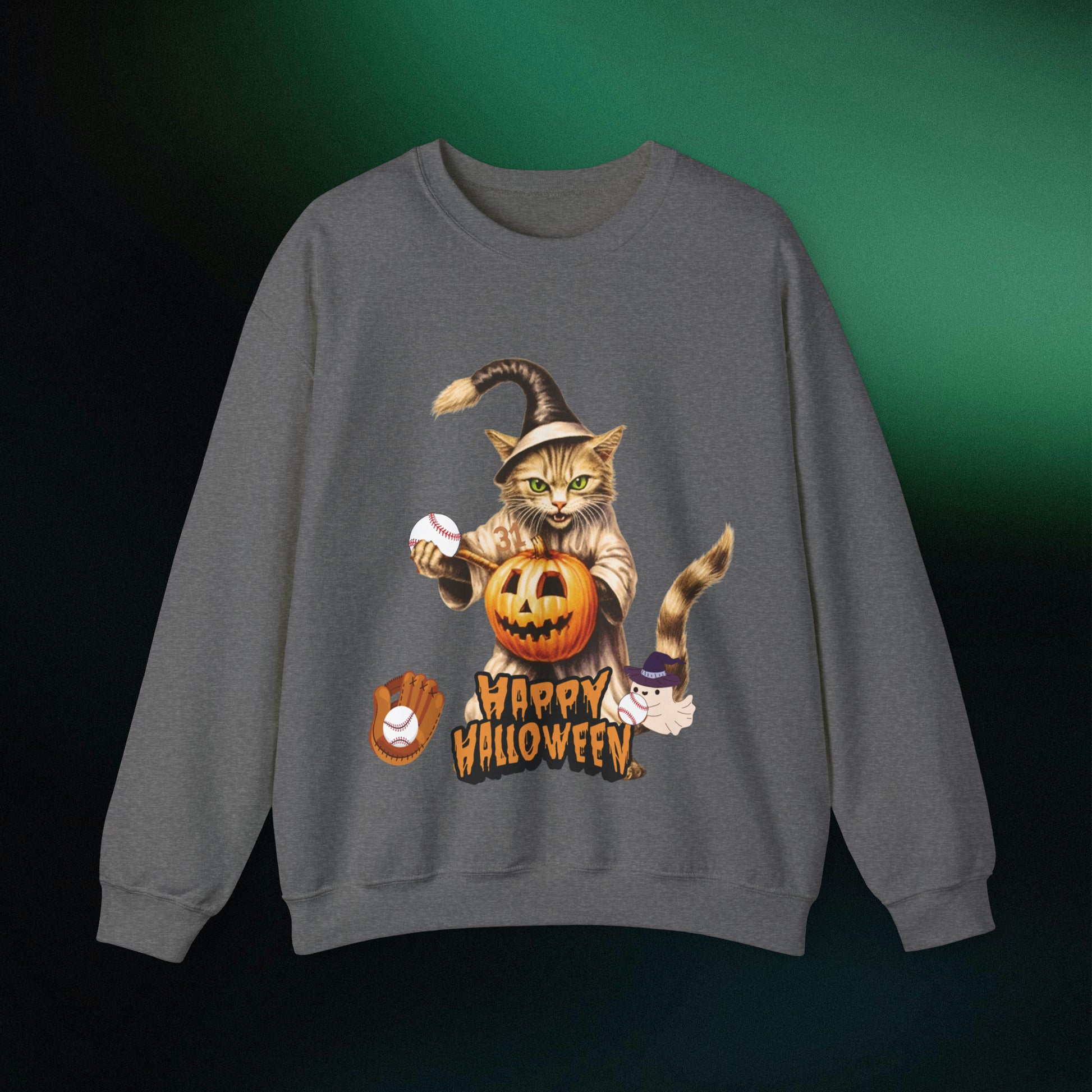 Halloween Cat Baseball Sweatshirt | Happy Halloween - Spooky Sports | Halloween Fun Sweatshirt Sweatshirt S Graphite Heather 