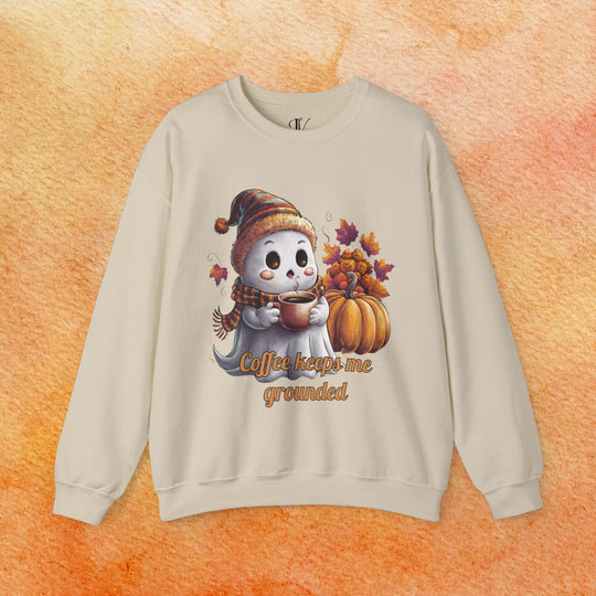 Ghostly Brew: Coffee Keeps Me Grounded Sweatshirt Sweatshirt Printify S Sand