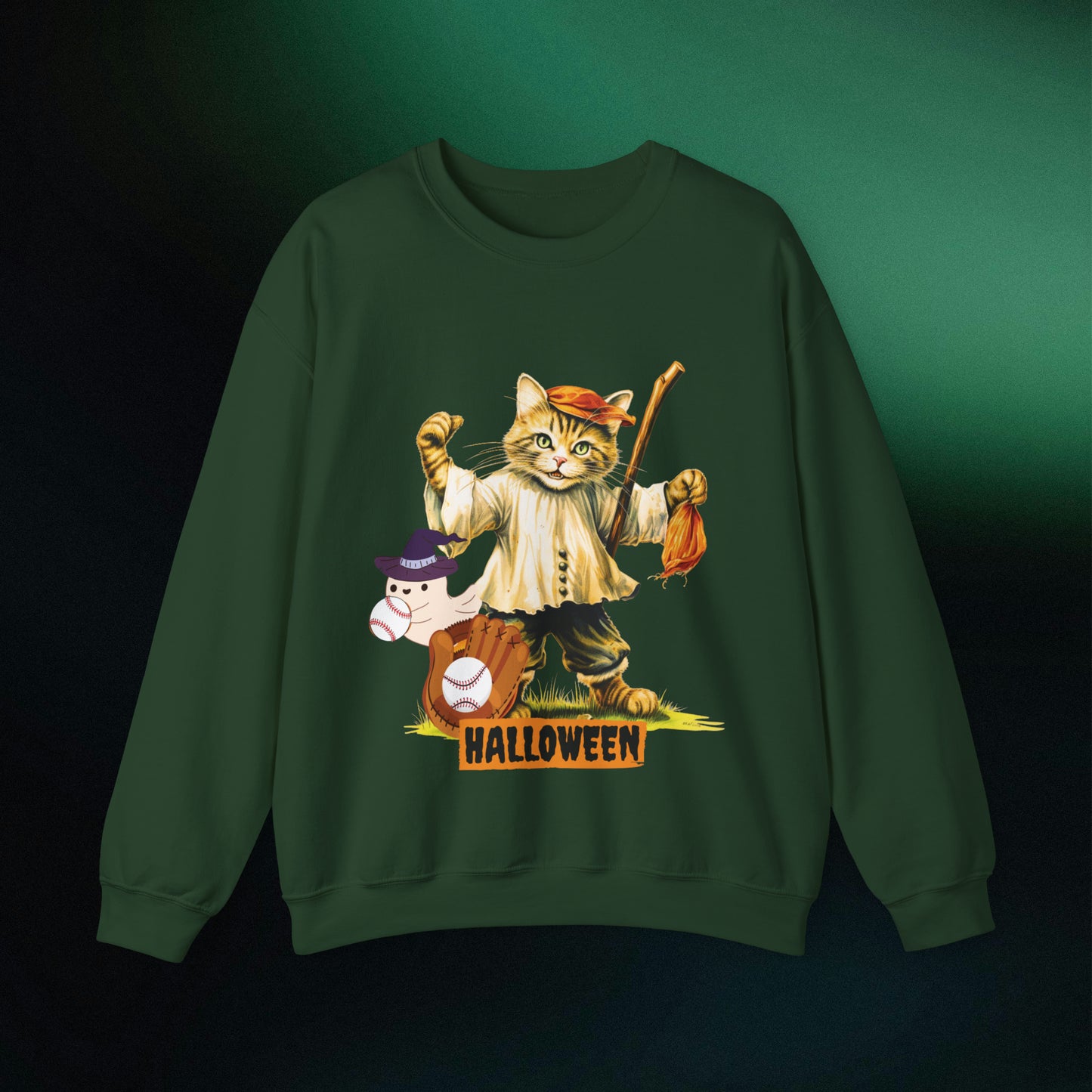 Halloween Cat Baseball Sweatshirt | Playful Feline and Pumpkins | Spooky Sports | Halloween Fun Sweatshirt Sweatshirt S Forest Green 