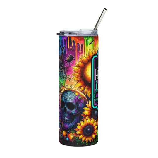 20oz Stainless Steel Tumbler — Halloween Skulls, Sunflowers & Haunted House Mug Printify