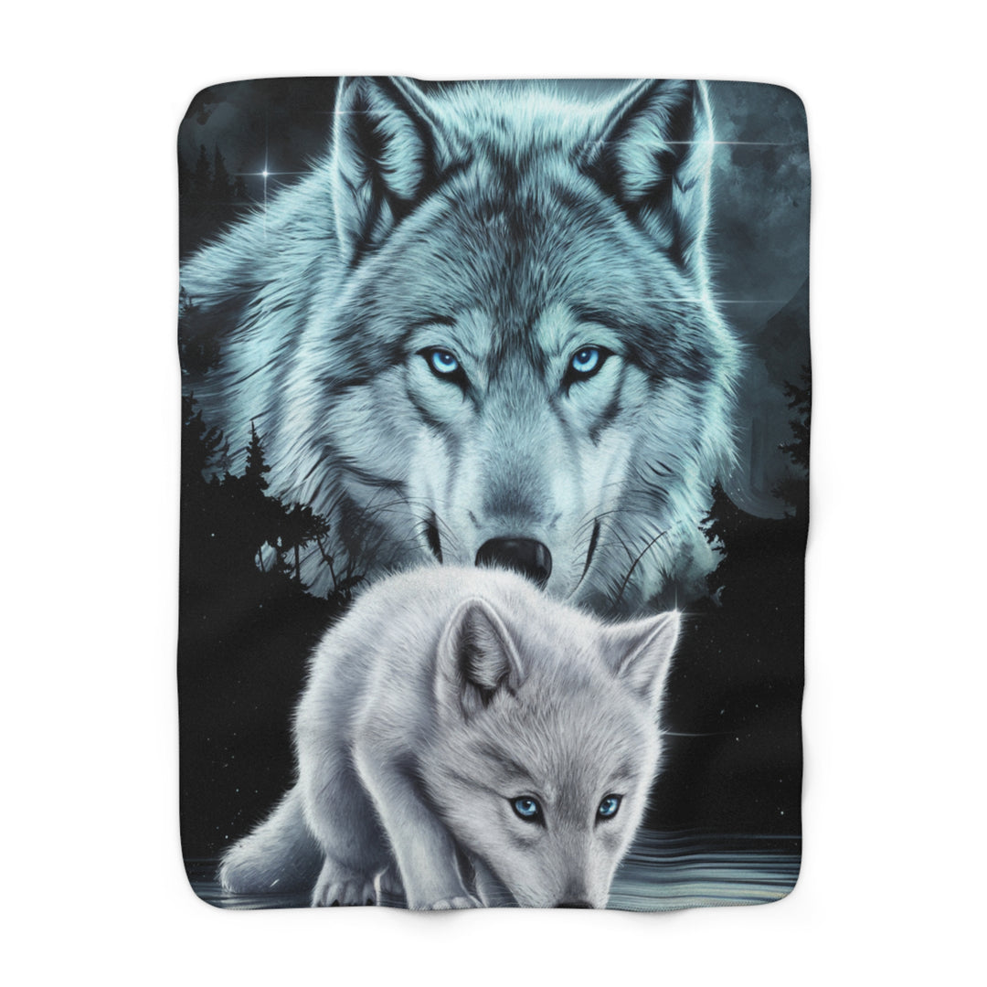 Sherpa Fleece Blanket - Wolf and Cub Moonlit Night Scene Home Decor Printify 50" × 60"