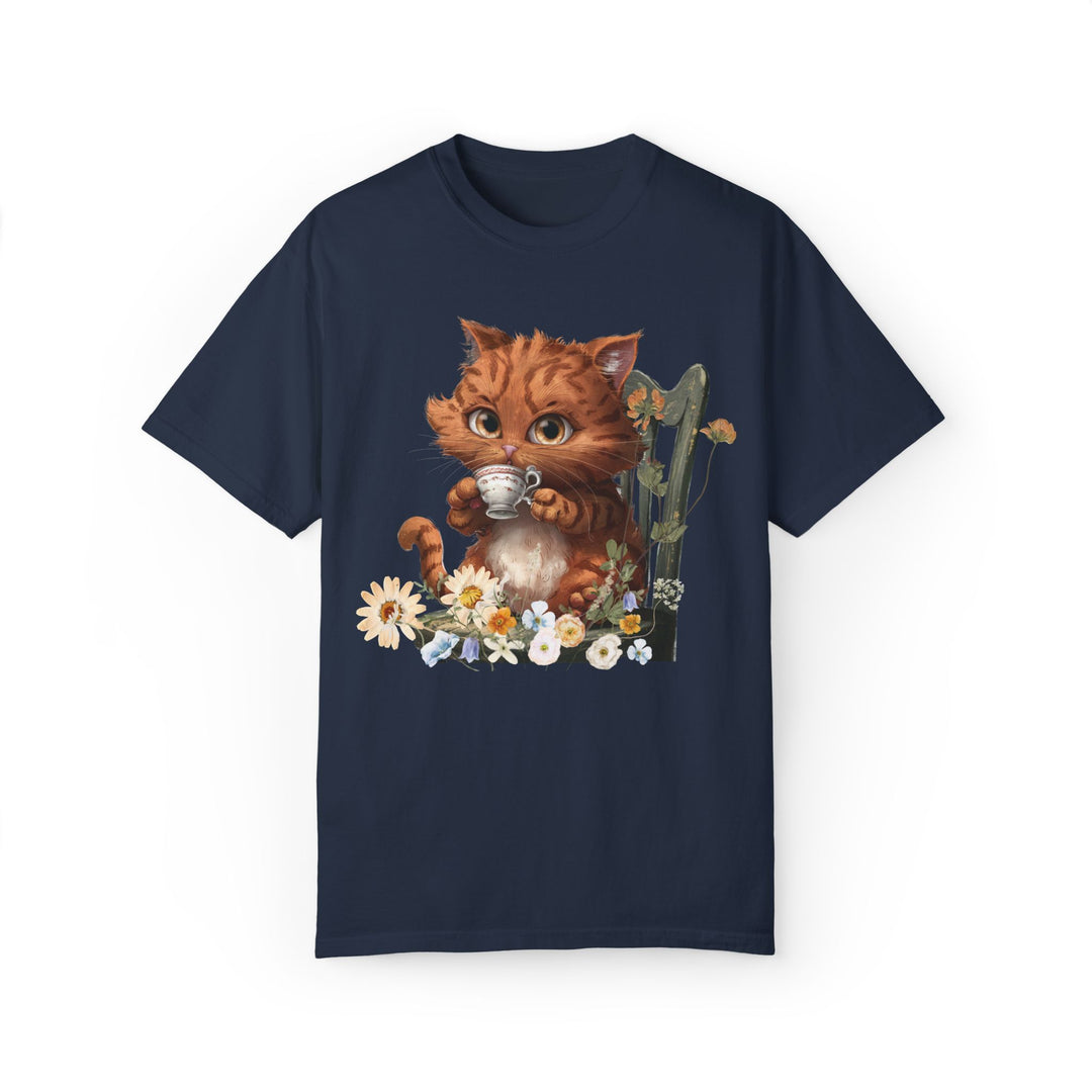 Cat Tea Time T-shirt T-Shirt Printify Navy S