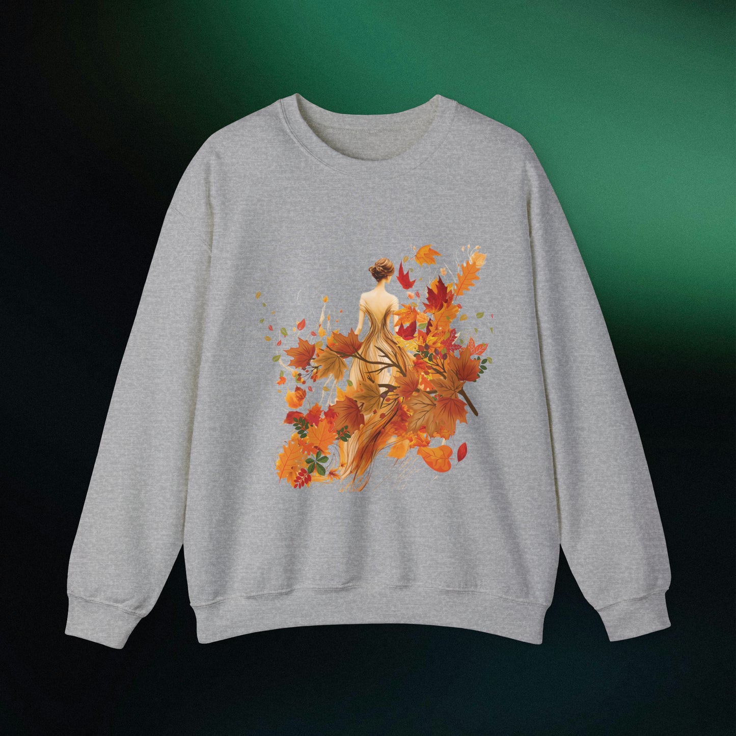 Whimsical Dreams in Autumn Hues: Romantic Dreamy Female Surrounded by Autumn Leaves Sweatshirt Sweatshirt S Sport Grey 