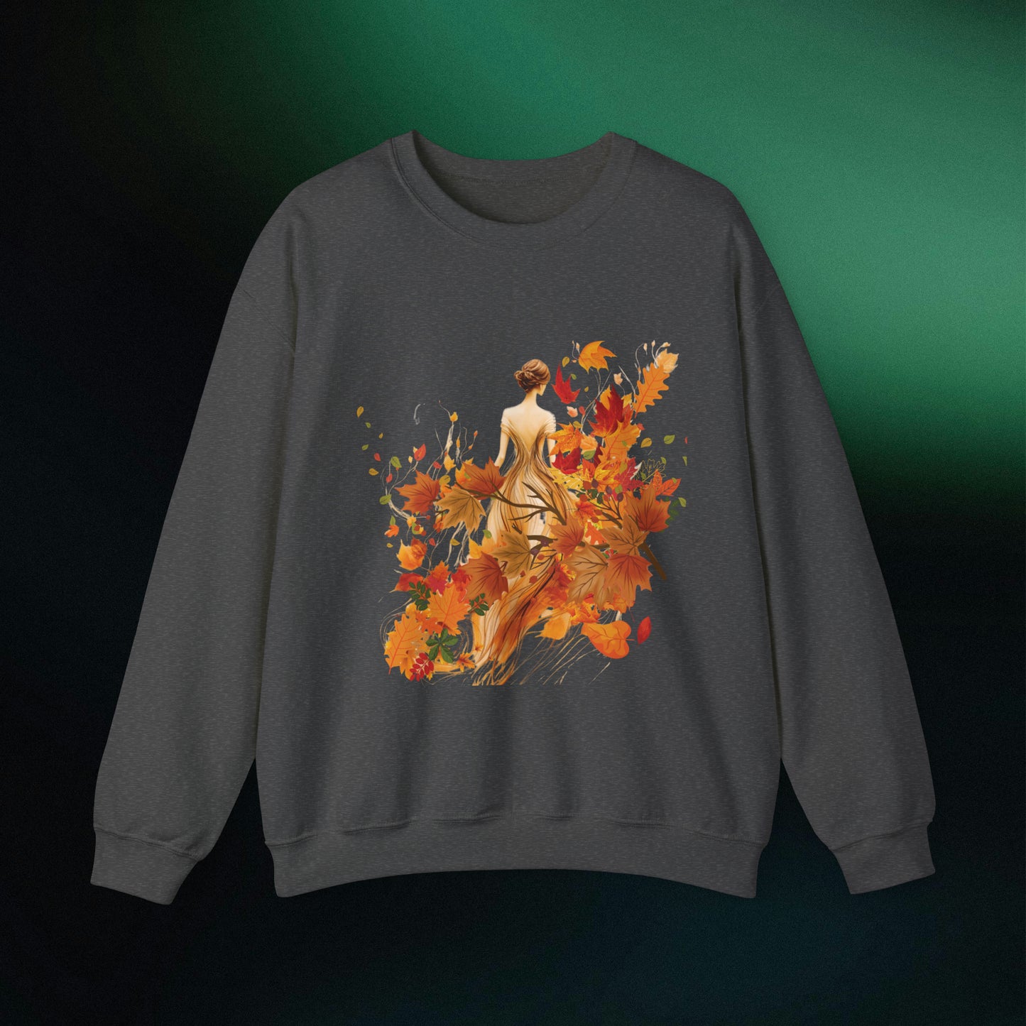 Whimsical Dreams in Autumn Hues: Romantic Dreamy Female Surrounded by Autumn Leaves Sweatshirt Sweatshirt S Dark Heather 