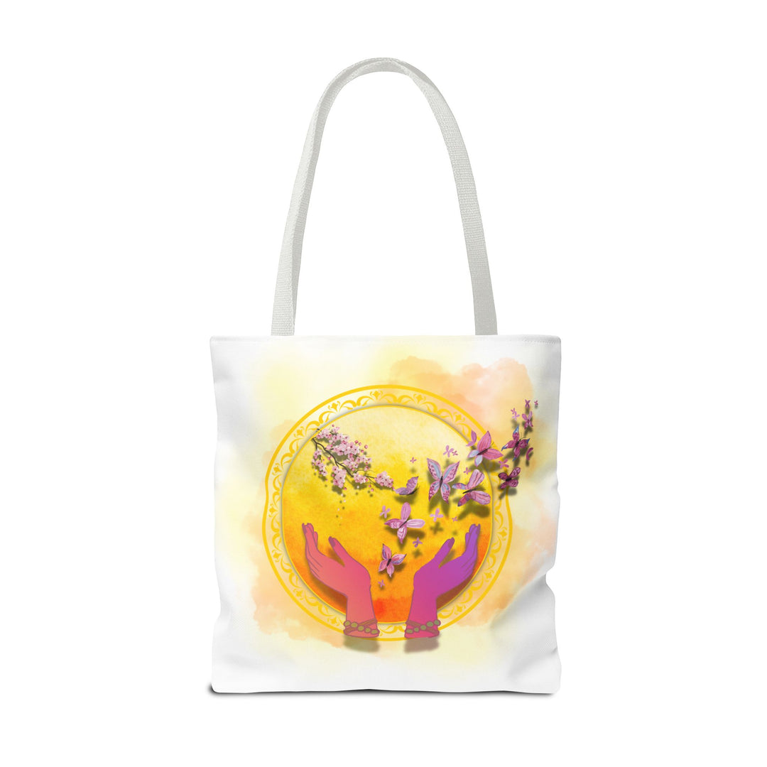 Symbolic Tote Bag with Hands, Orb, Flowers, and Butterflies Bags Printify 18" × 18'' White