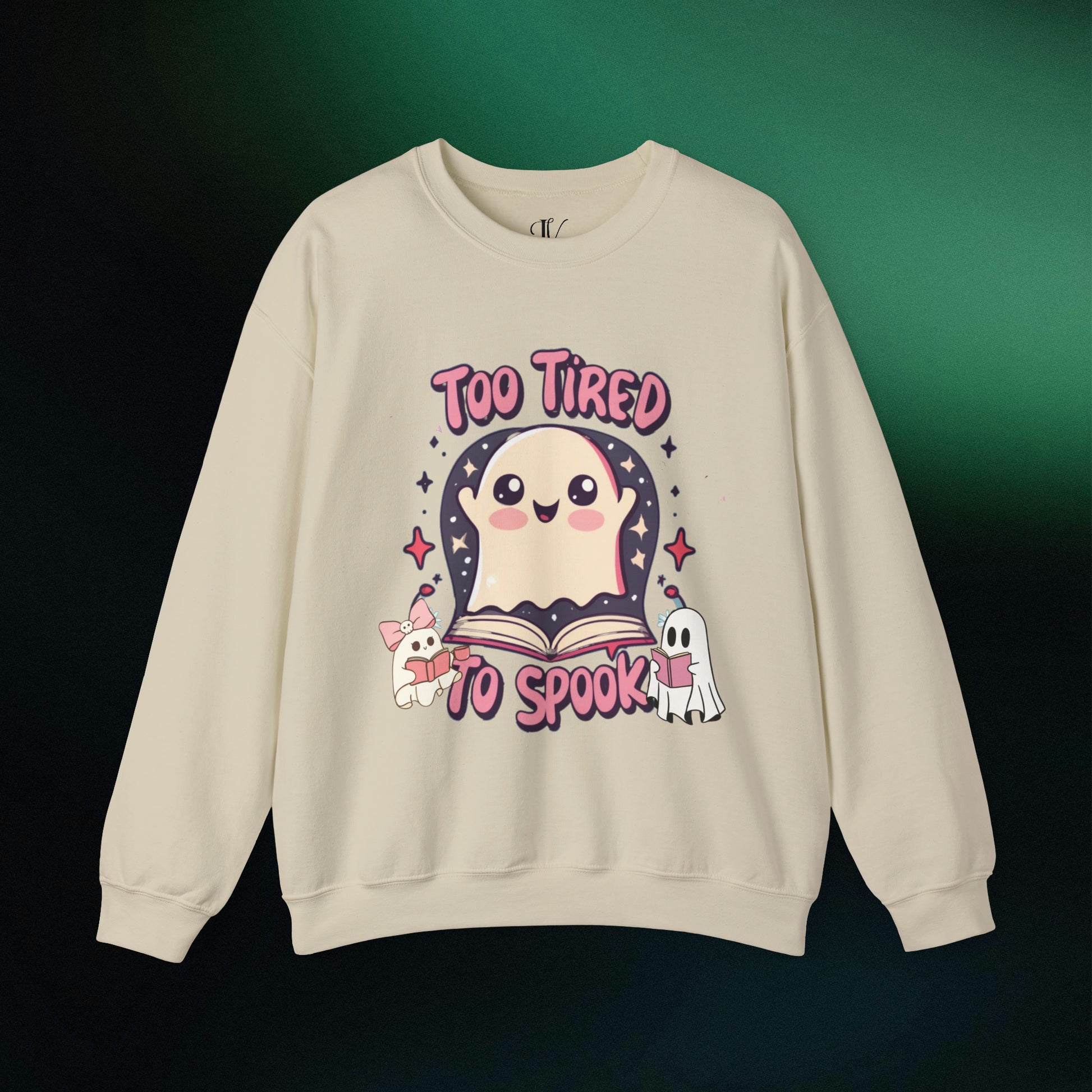 Ghost Reading Books Sweater | Bookish Halloween Sweatshirt - Halloween Teacher Gift, Librarian Halloween Hoodie, Ghost Crewneck - 'Too Tired to Spook' Sweatshirt S Sand 