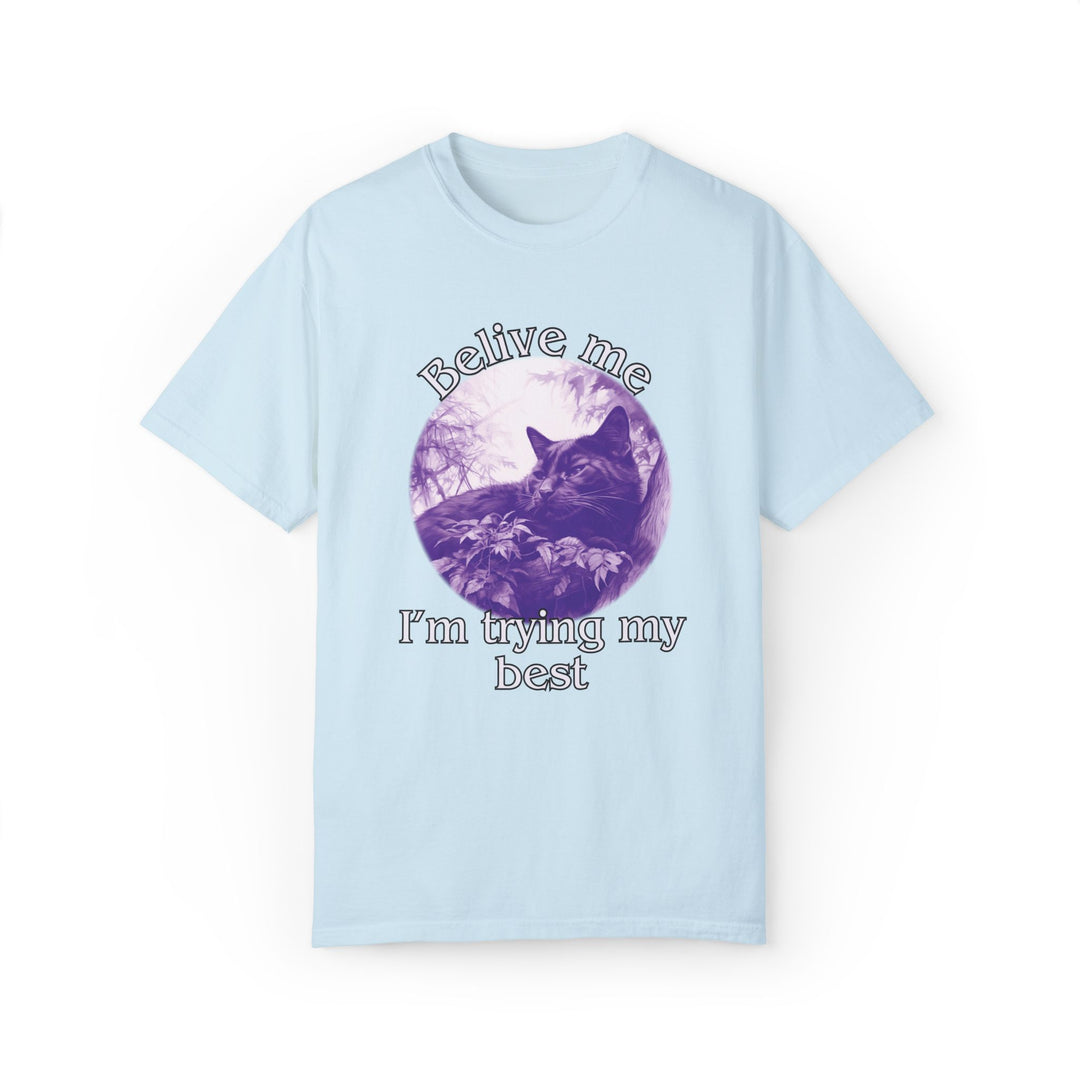 Cat Graphic T-Shirt 'Believe me I'm trying my best' T-Shirt Printify Chambray S