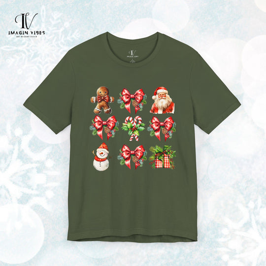 Christmas Unisex Tee Festive Santa Gingerbread Snowmen T-Shirt Printify Military Green XS