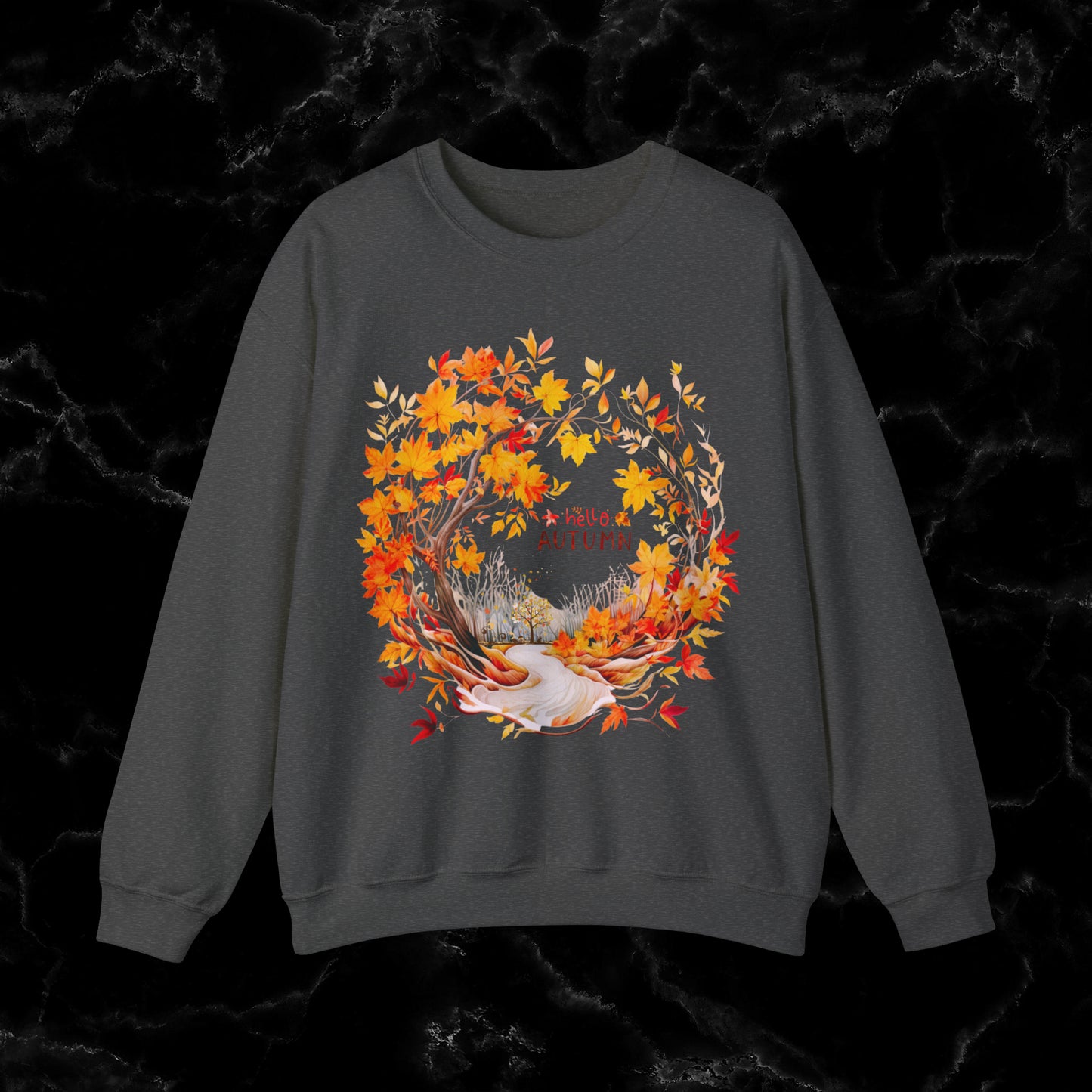 Hello Autumn Sweatshirt | Fall Design | Fall Seasonal Sweatshirt | Autumn Design For Fall Lover Sweatshirt S Dark Heather 