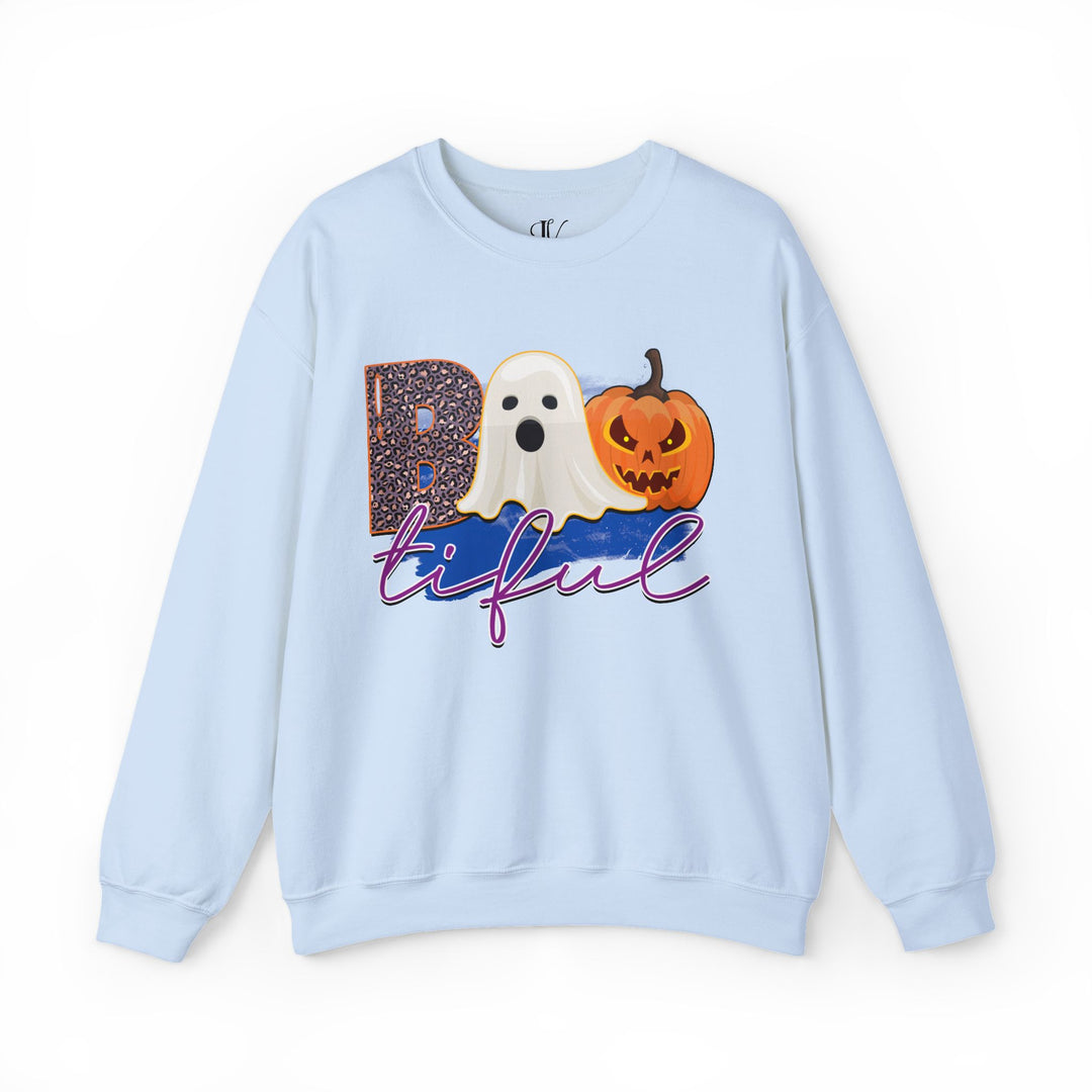 Bootiful Halloween Sweatshirt: Ghost and Pumpkin Design Sweatshirt Printify S Light Blue