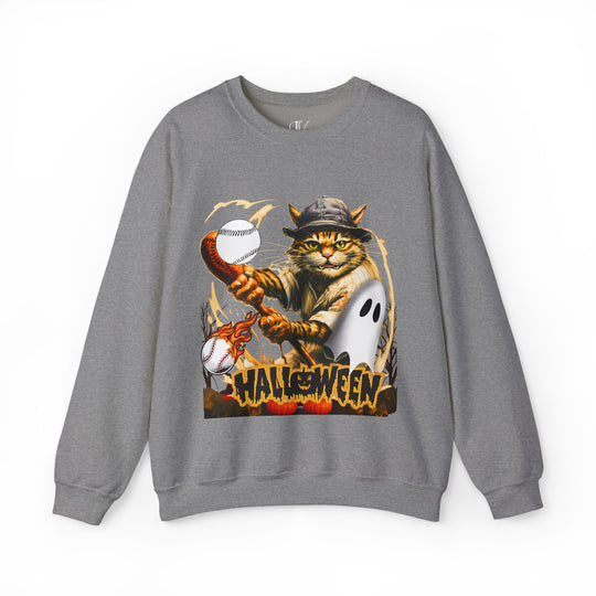 Halloween Kitty: Playful Baseball Cat Crewneck Sweatshirt Sweatshirt Printify S Graphite Heather