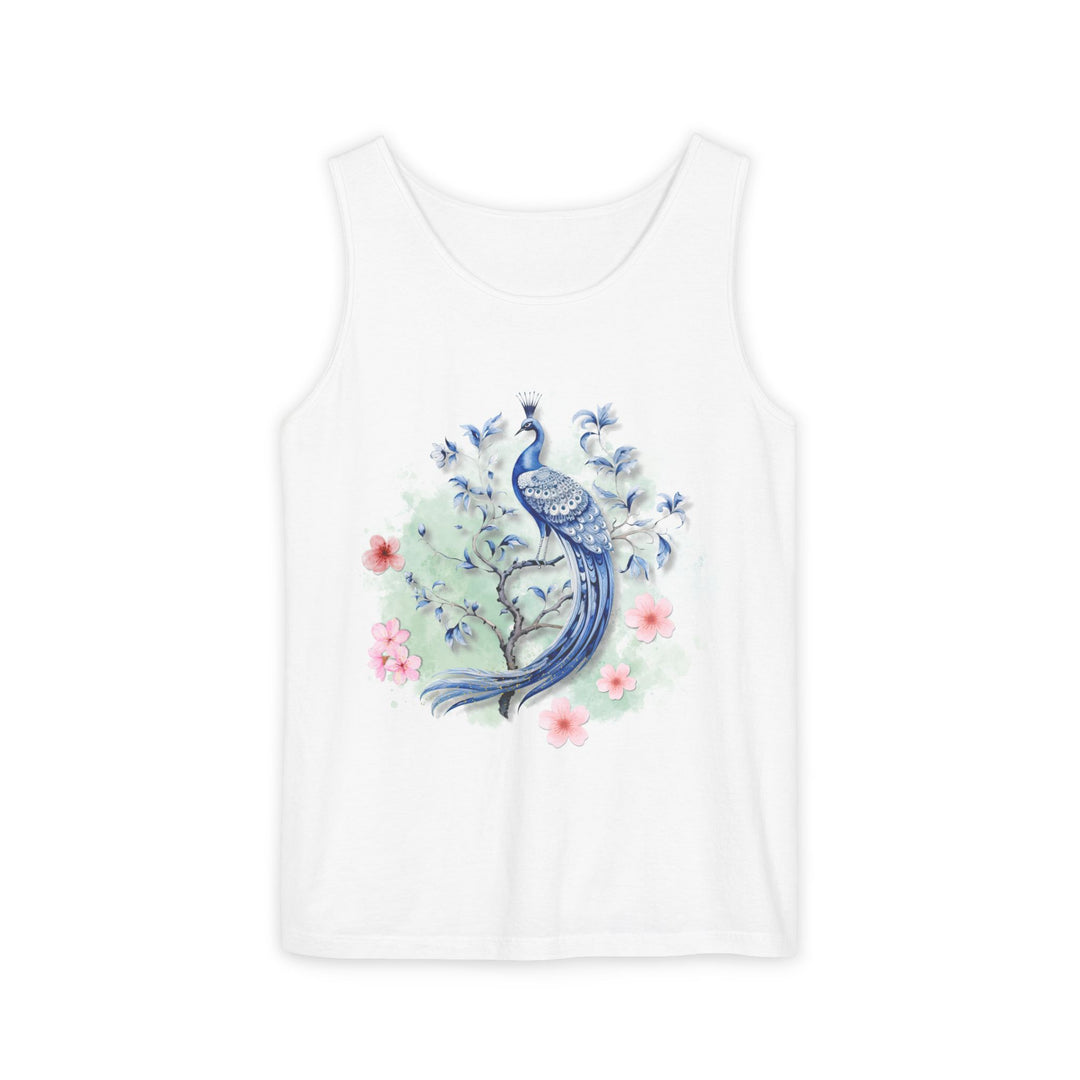 Tank Top - Elegant Blue Peacock and Pink Blossoms Tank Top Printify White XS