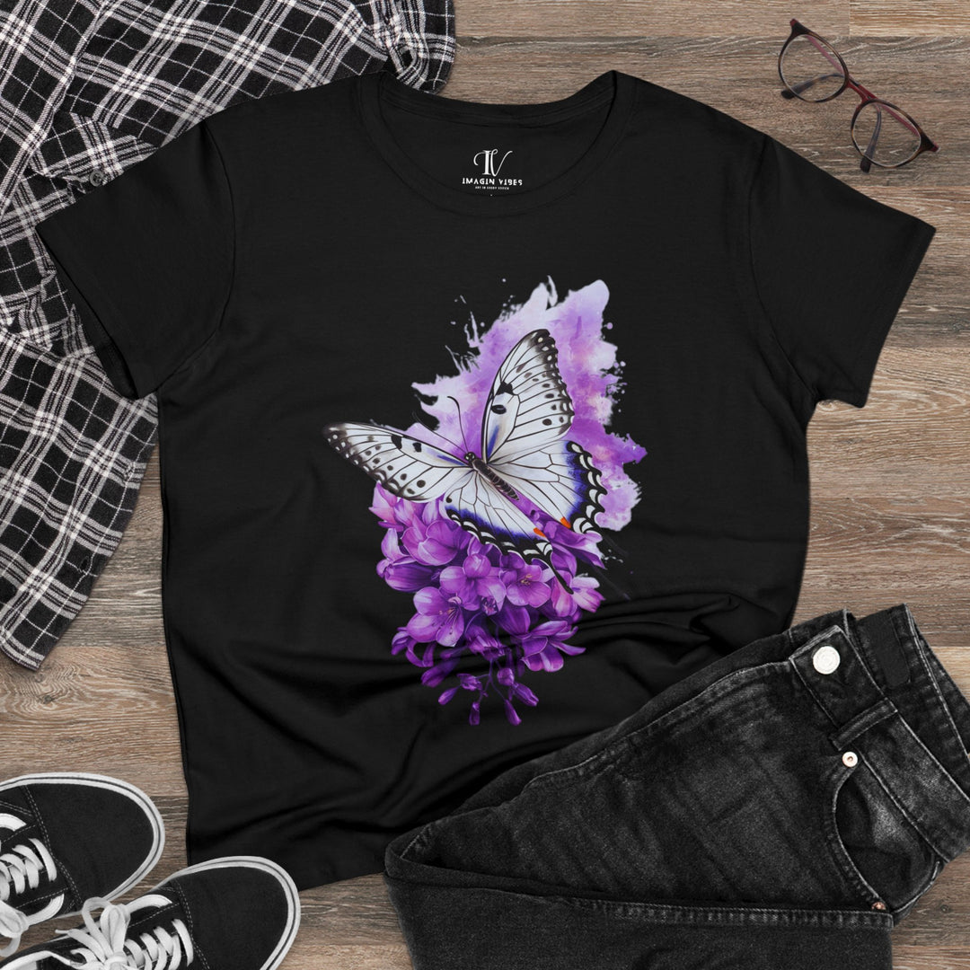 Butterfly Cotton Tee - Watercolor Purple Floral T-Shirt Printify Black S