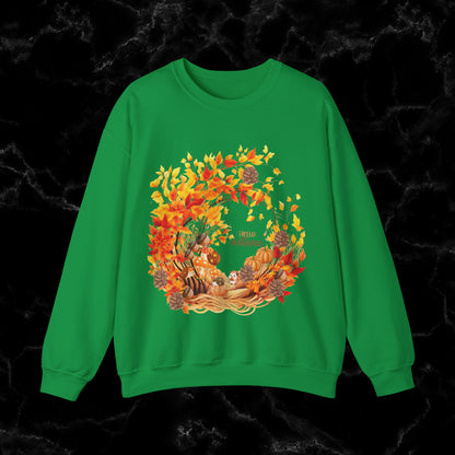 Hello Autumn Sweatshirt | Fall Design - Fall Seasonal Sweatshirt - Autumn Design Sweatshirt S Irish Green 