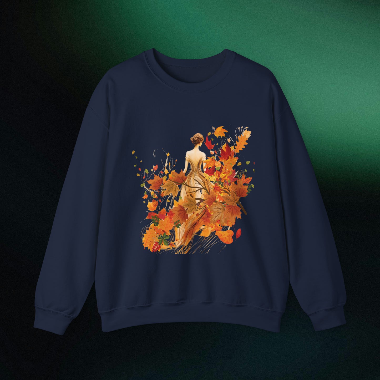 Whimsical Dreams in Autumn Hues: Romantic Dreamy Female Surrounded by Autumn Leaves Sweatshirt Sweatshirt S Navy 
