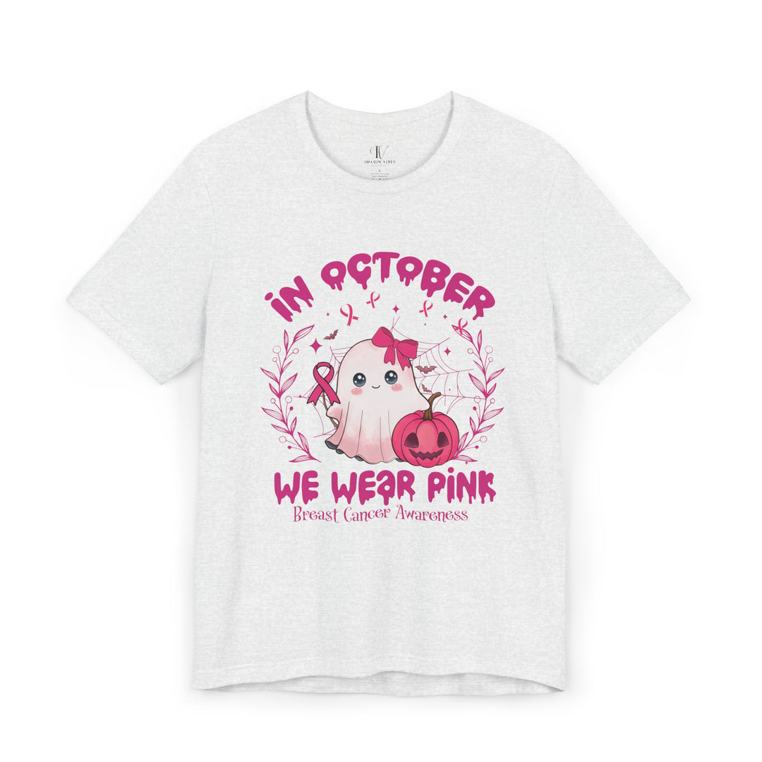 Cute Spooky Ghost Breast Cancer Support "In October We Wear Pink" T-Shirt